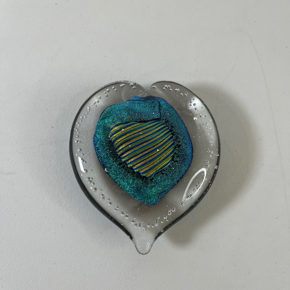 Vintage Randy Strong‎  Art Glass Heart Paperweight 1999 Teal Iridescent Bubbles